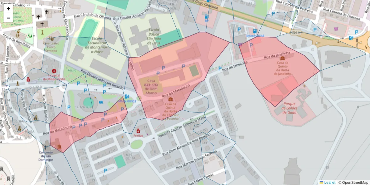 Mapa detalhado do código postal 7050-217 com limites, códigos postais vizinhos e agências dos correios