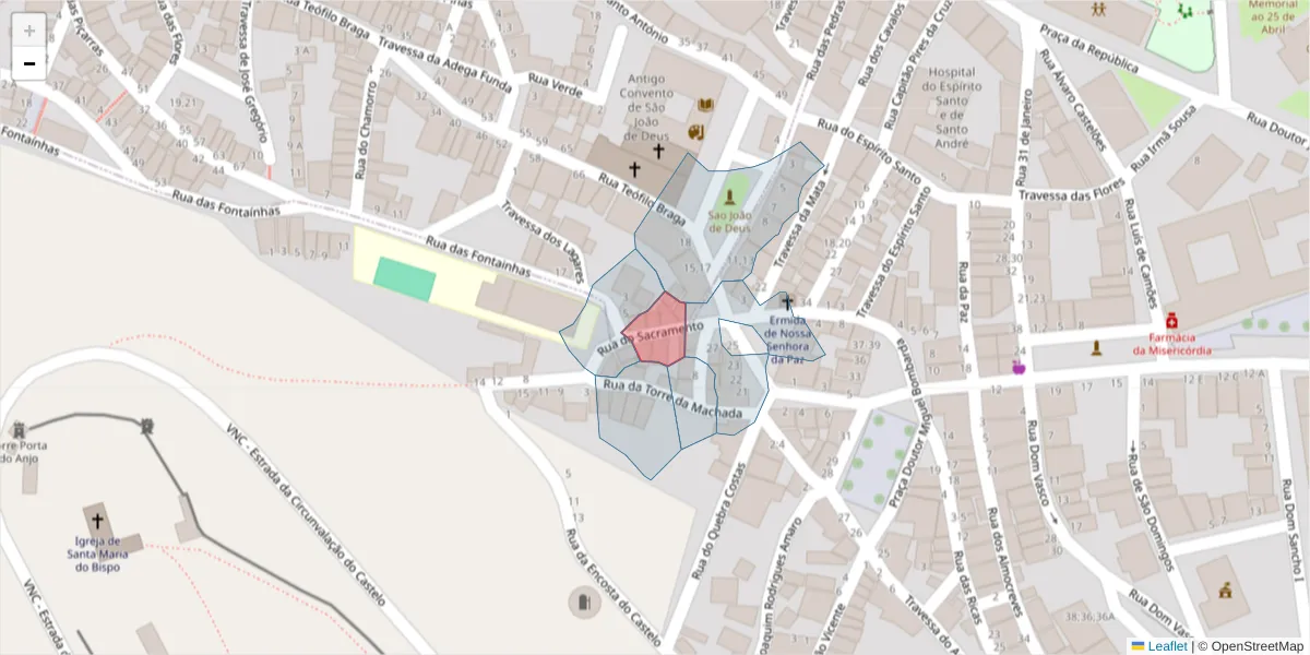 Mapa detalhado do código postal 7050-222 com limites, códigos postais vizinhos e agências dos correios