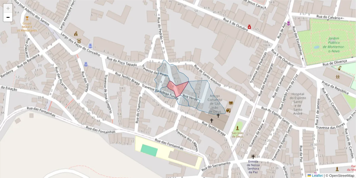 Mapa detalhado do código postal 7050-223 com limites, códigos postais vizinhos e agências dos correios