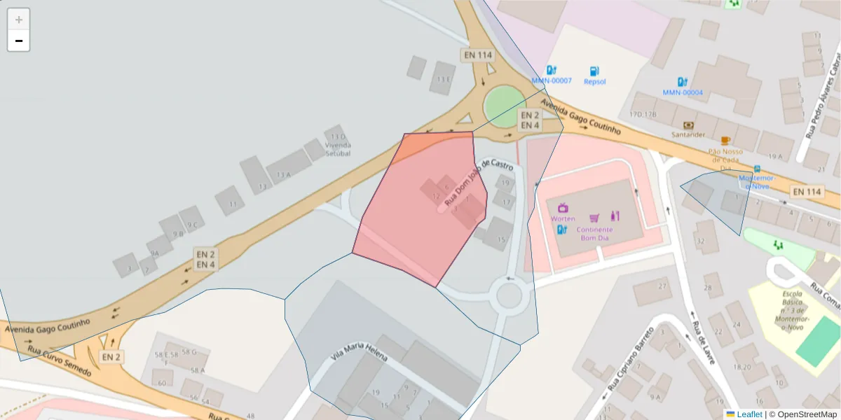 Mapa detalhado do código postal 7050-224 com limites, códigos postais vizinhos e agências dos correios