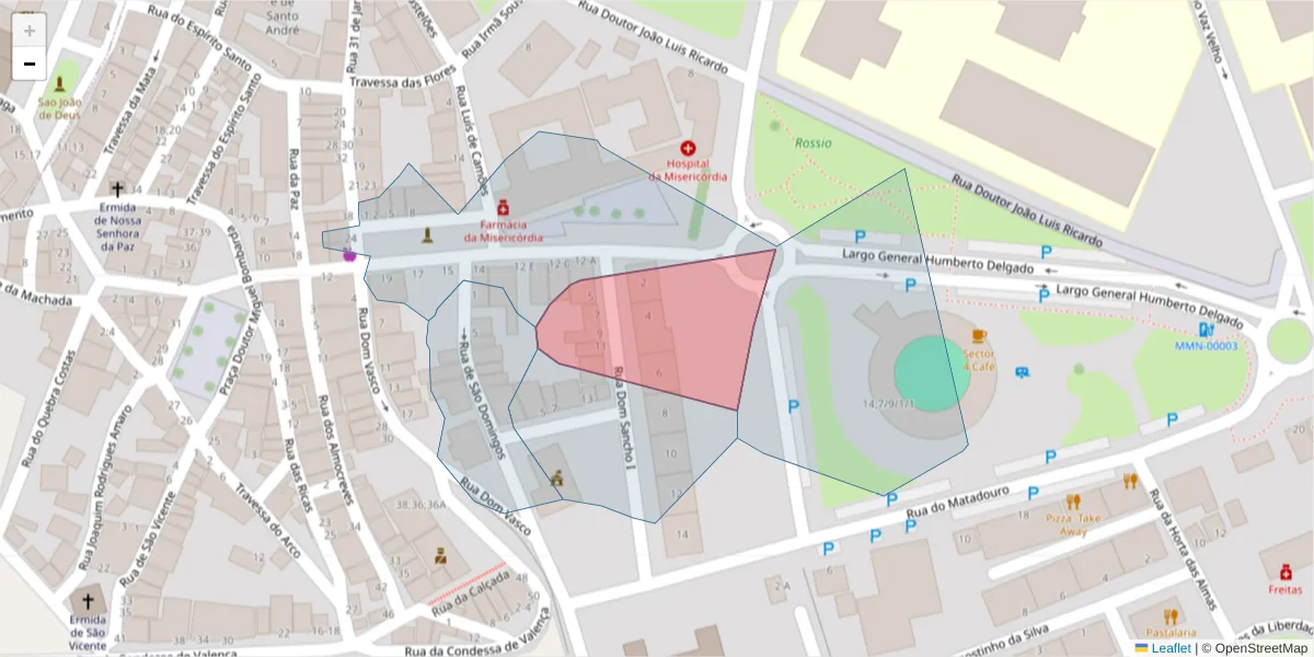 Mapa detalhado do código postal 7050-225 com limites, códigos postais vizinhos e agências dos correios