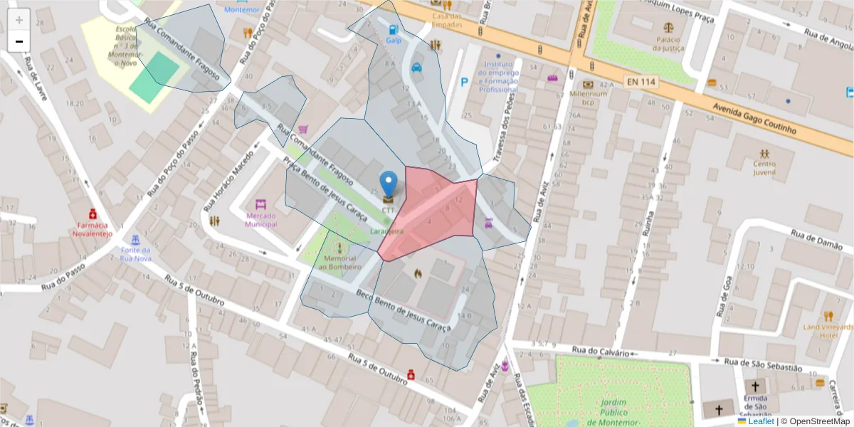 Mapa detalhado do código postal 7050-228 com limites, códigos postais vizinhos e agências dos correios