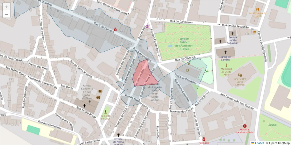 Mapa detalhado do código postal 7050-229 com limites, códigos postais vizinhos e agências dos correios