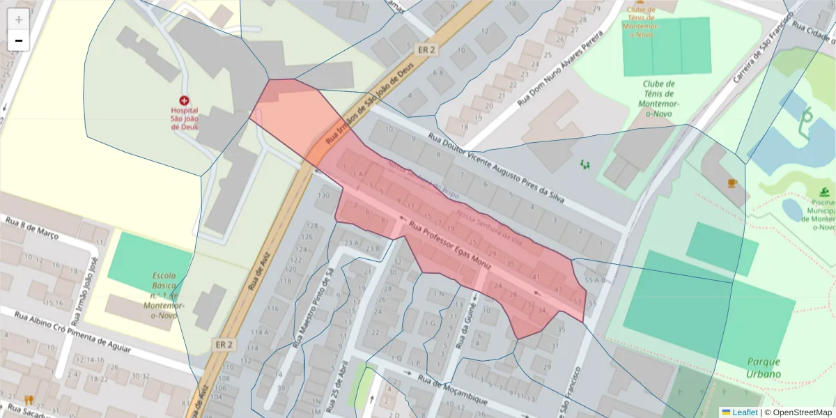 Mapa detalhado do código postal 7050-232 com limites, códigos postais vizinhos e agências dos correios