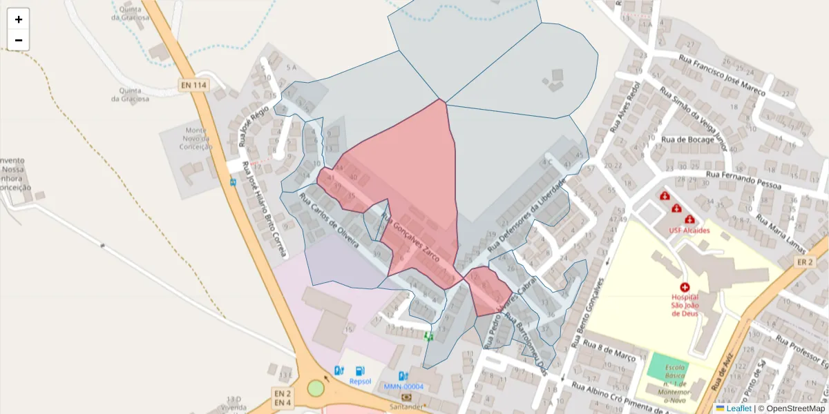 Mapa detalhado do código postal 7050-247 com limites, códigos postais vizinhos e agências dos correios