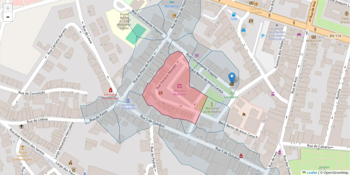 Mapa detalhado do código postal 7050-248 com limites, códigos postais vizinhos e agências dos correios