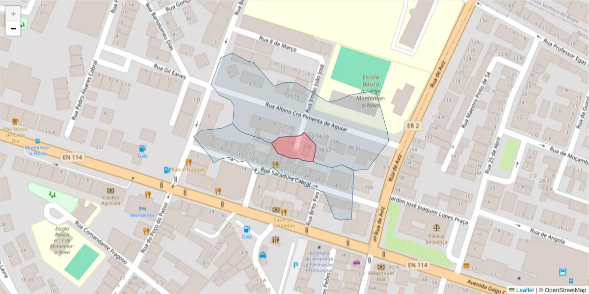 Mapa detalhado do código postal 7050-249 com limites, códigos postais vizinhos e agências dos correios
