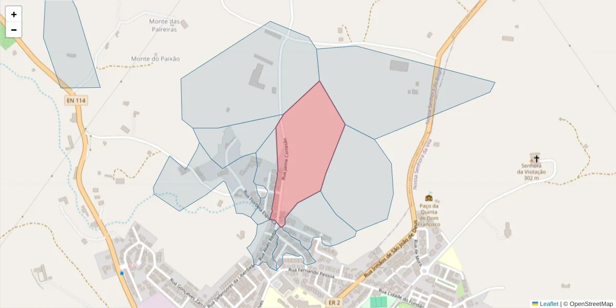 Mapa detalhado do código postal 7050-250 com limites, códigos postais vizinhos e agências dos correios