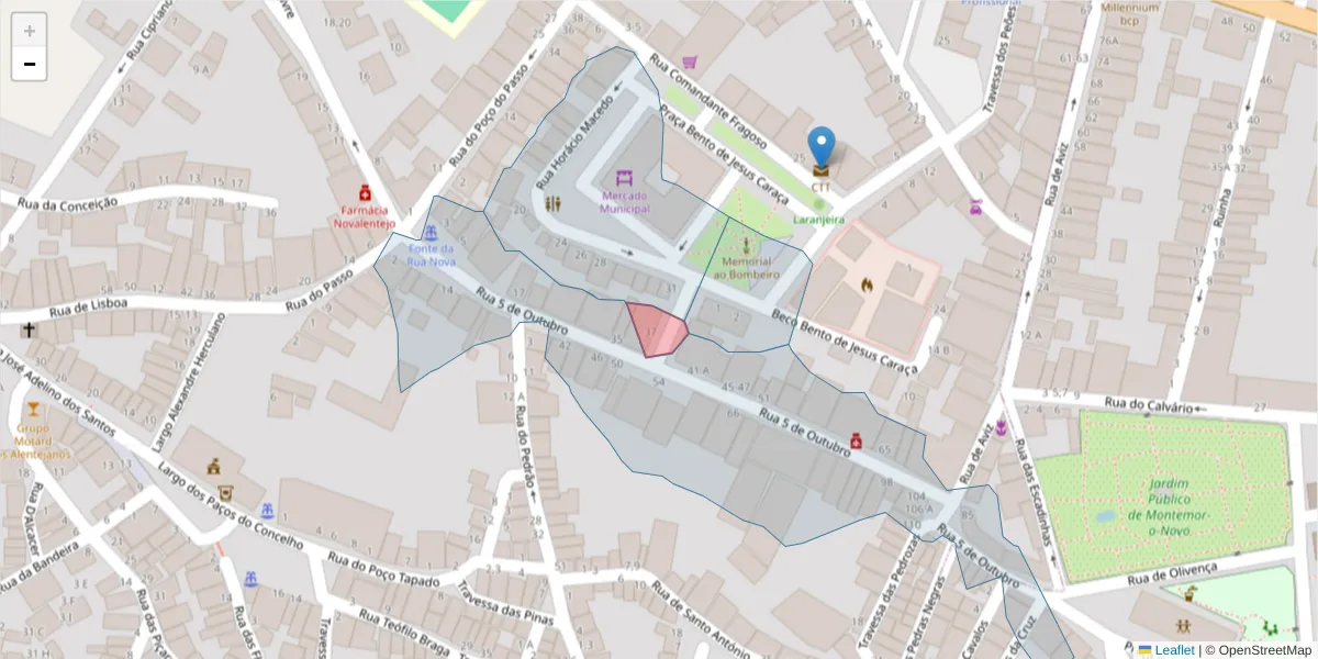 Mapa detalhado do código postal 7050-251 com limites, códigos postais vizinhos e agências dos correios