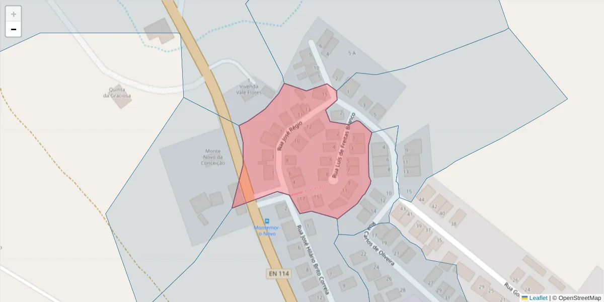 Mapa detalhado do código postal 7050-259 com limites, códigos postais vizinhos e agências dos correios