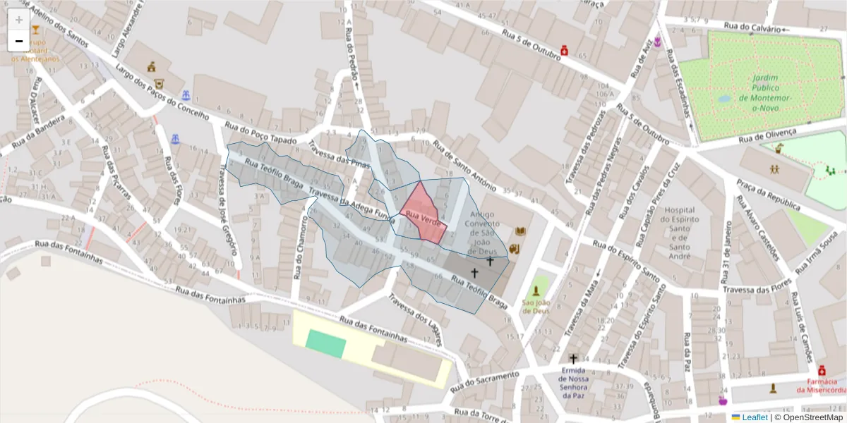 Mapa detalhado do código postal 7050-274 com limites, códigos postais vizinhos e agências dos correios