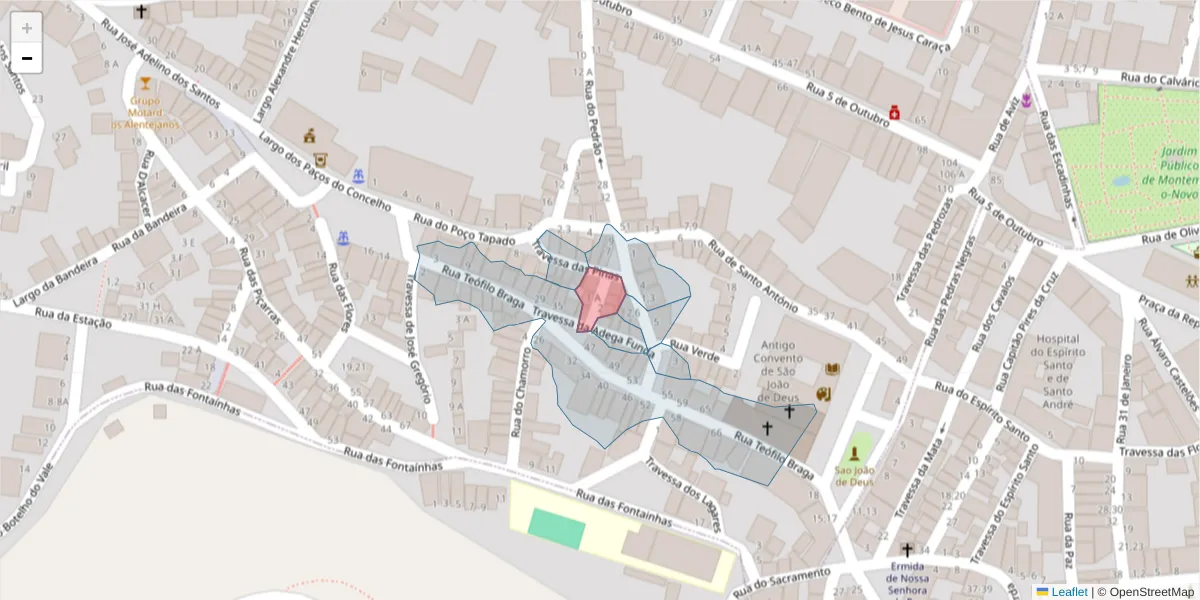 Mapa detalhado do código postal 7050-288 com limites, códigos postais vizinhos e agências dos correios