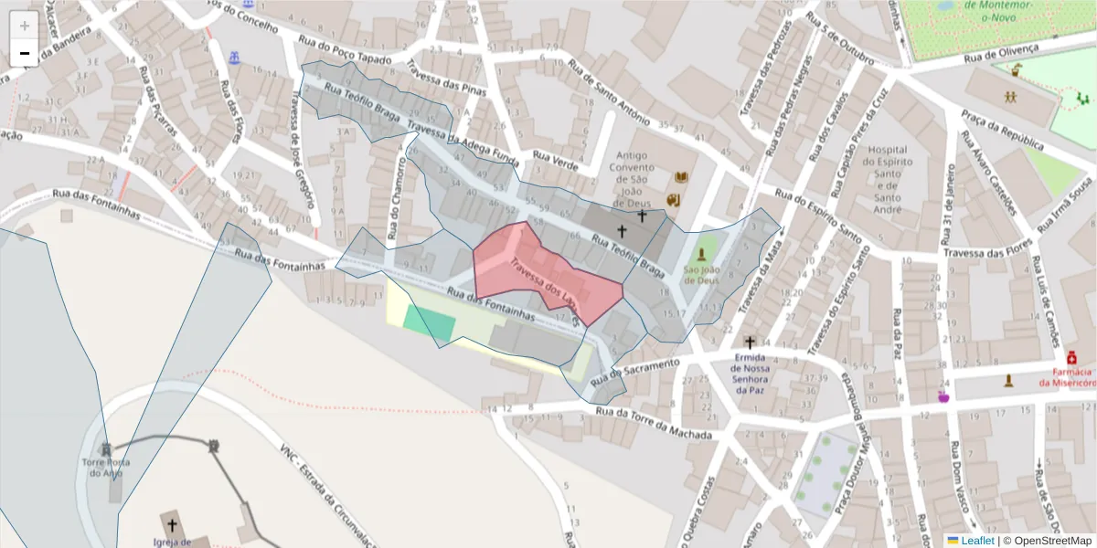 Mapa detalhado do código postal 7050-295 com limites, códigos postais vizinhos e agências dos correios