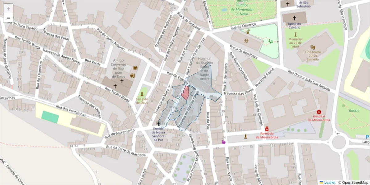 Mapa detalhado do código postal 7050-300 com limites, códigos postais vizinhos e agências dos correios