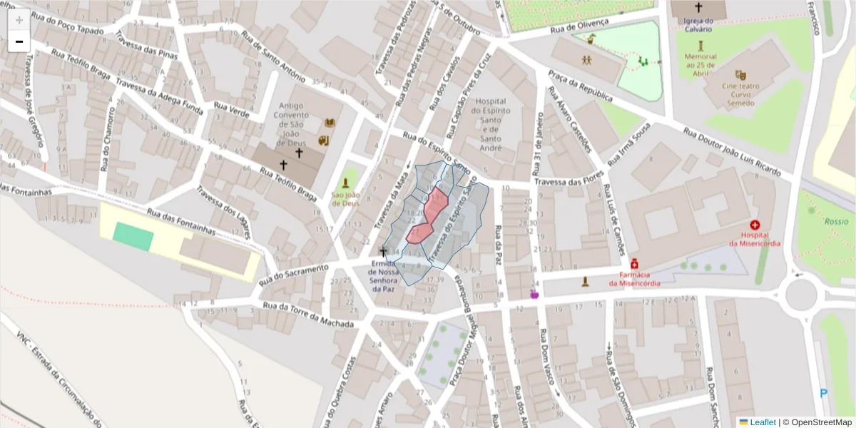 Mapa detalhado do código postal 7050-301 com limites, códigos postais vizinhos e agências dos correios