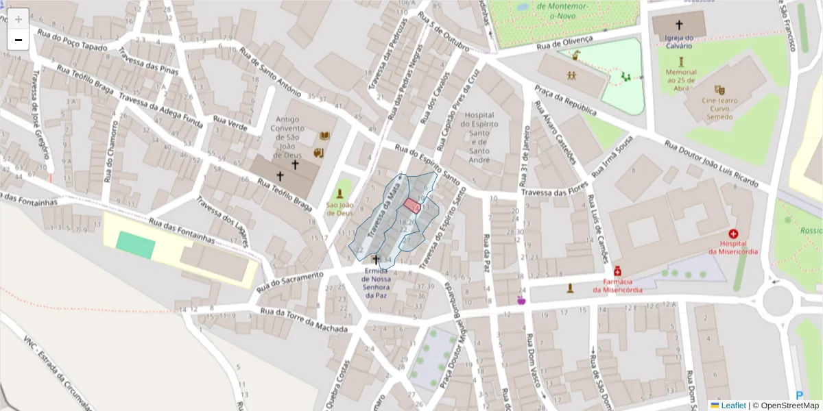 Mapa detalhado do código postal 7050-303 com limites, códigos postais vizinhos e agências dos correios