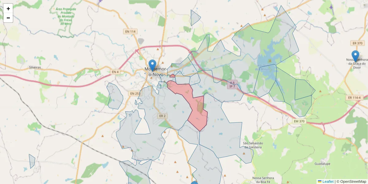 Mapa detalhado do código postal 7050-322 com limites, códigos postais vizinhos e agências dos correios