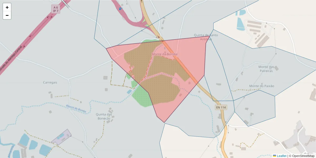 Mapa detalhado do código postal 7050-324 com limites, códigos postais vizinhos e agências dos correios