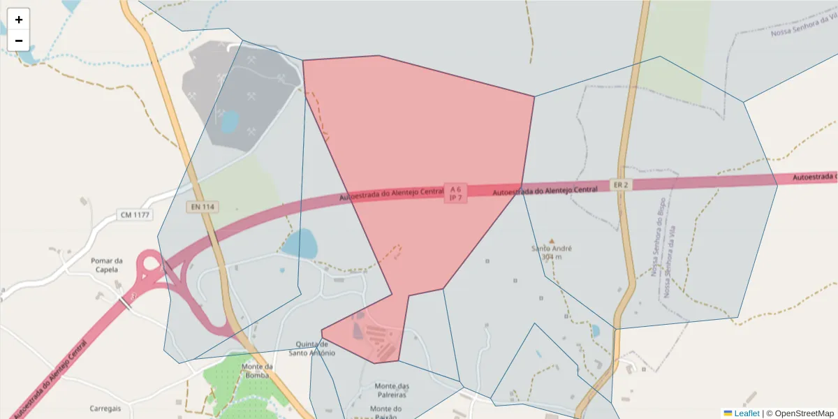 Mapa detalhado do código postal 7050-336 com limites, códigos postais vizinhos e agências dos correios