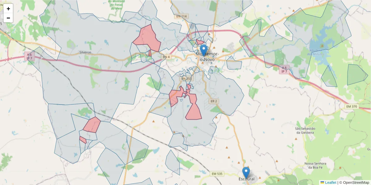 Mapa detalhado do código postal 7050-340 com limites, códigos postais vizinhos e agências dos correios
