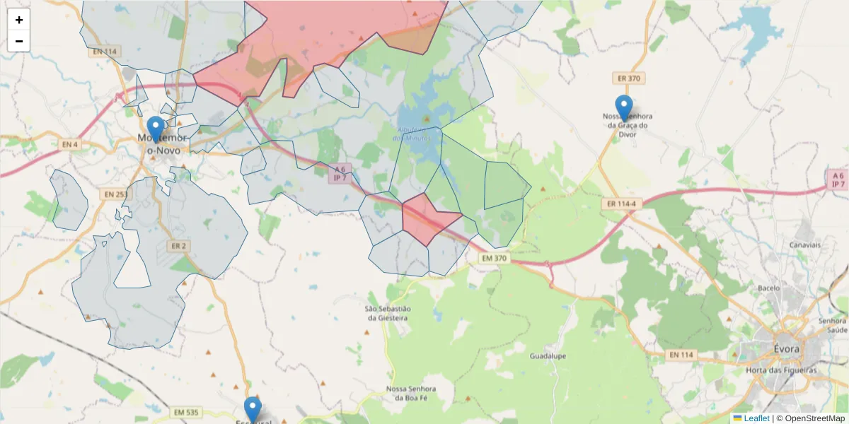 Mapa detalhado do código postal 7050-349 com limites, códigos postais vizinhos e agências dos correios