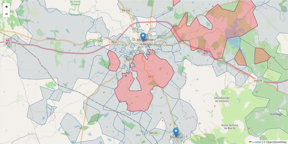 Mapa detalhado do código postal 7050-352 com limites, códigos postais vizinhos e agências dos correios