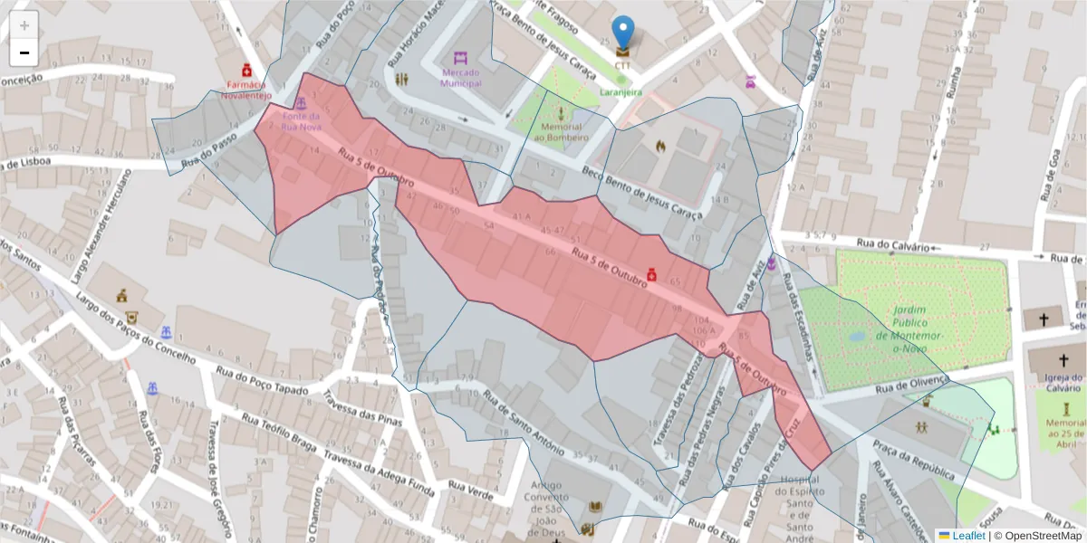 Mapa detalhado do código postal 7050-355 com limites, códigos postais vizinhos e agências dos correios