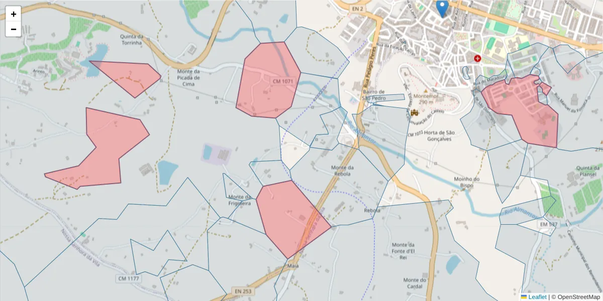 Mapa detalhado do código postal 7050-356 com limites, códigos postais vizinhos e agências dos correios