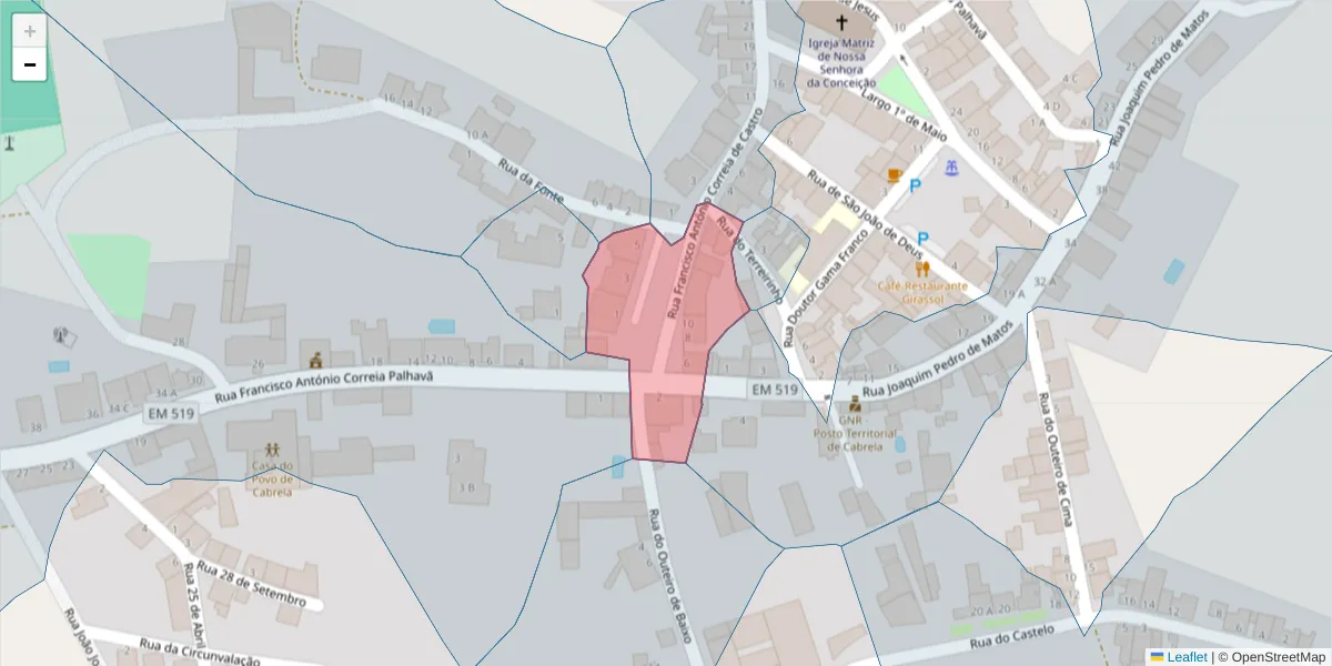 Mapa detalhado do código postal 7050-406 com limites, códigos postais vizinhos e agências dos correios