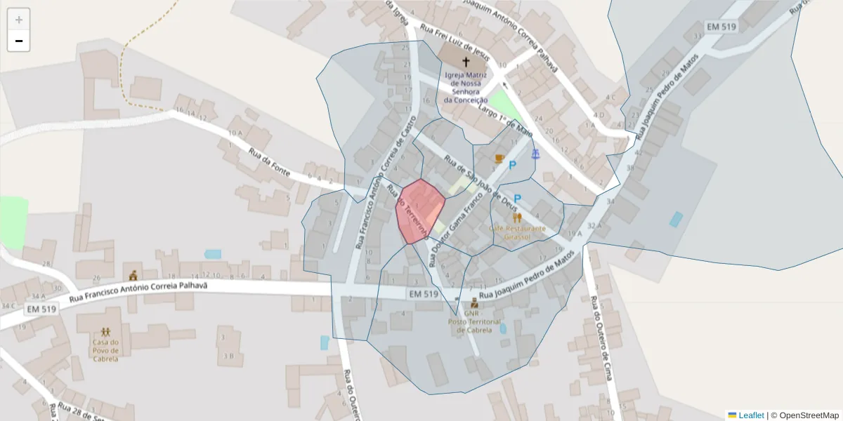 Mapa detalhado do código postal 7050-416 com limites, códigos postais vizinhos e agências dos correios