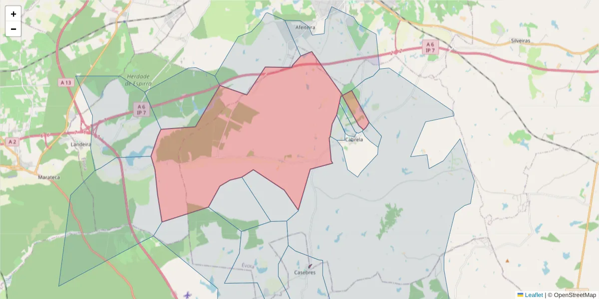 Mapa detalhado do código postal 7050-438 com limites, códigos postais vizinhos e agências dos correios