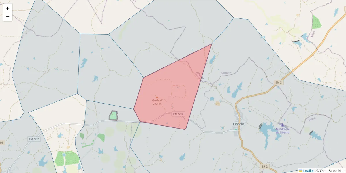 Mapa detalhado do código postal 7050-481 com limites, códigos postais vizinhos e agências dos correios
