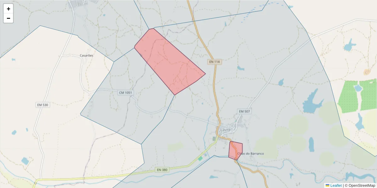 Mapa detalhado do código postal 7050-497 com limites, códigos postais vizinhos e agências dos correios