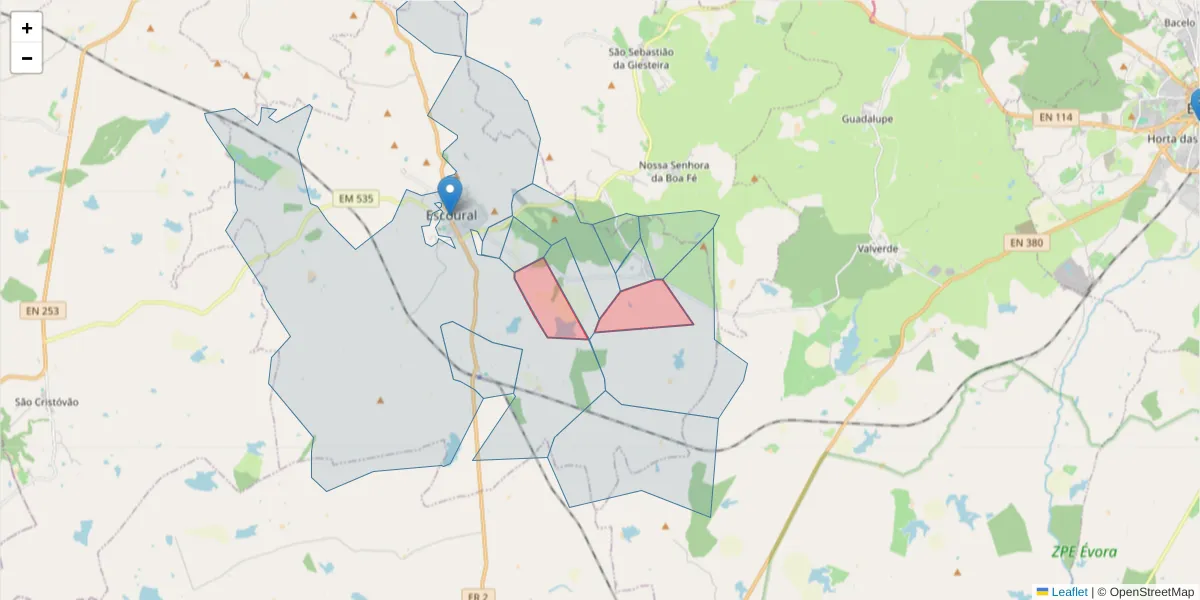Mapa detalhado do código postal 7050-530 com limites, códigos postais vizinhos e agências dos correios
