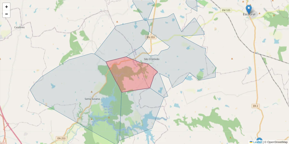 Mapa detalhado do código postal 7050-586 com limites, códigos postais vizinhos e agências dos correios