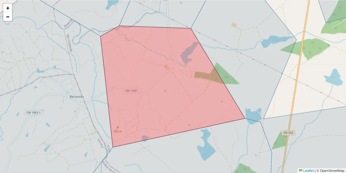 Mapa detalhado do código postal 7050-594 com limites, códigos postais vizinhos e agências dos correios