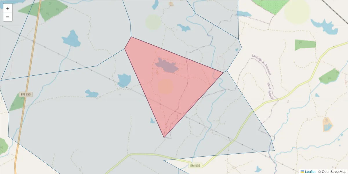 Mapa detalhado do código postal 7050-599 com limites, códigos postais vizinhos e agências dos correios