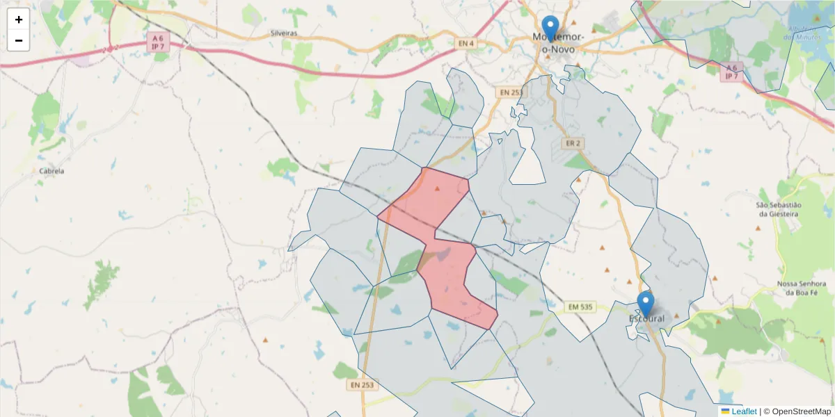 Mapa detalhado do código postal 7050-601 com limites, códigos postais vizinhos e agências dos correios