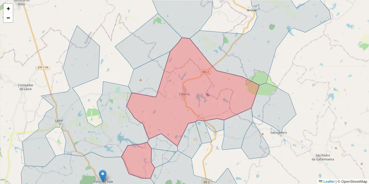Mapa detalhado do código postal 7050-611 com limites, códigos postais vizinhos e agências dos correios