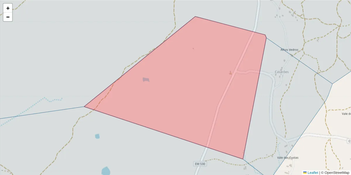 Mapa detalhado do código postal 7050-633 com limites, códigos postais vizinhos e agências dos correios