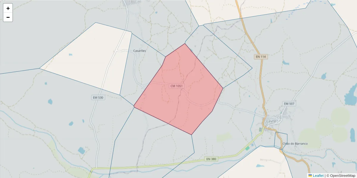 Mapa detalhado do código postal 7050-642 com limites, códigos postais vizinhos e agências dos correios