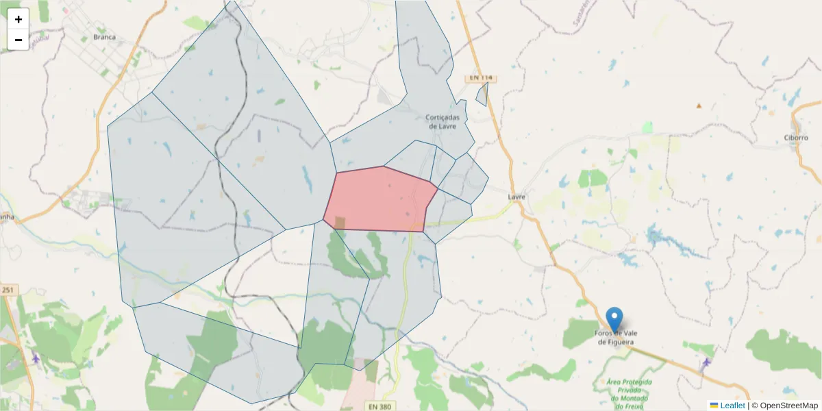 Mapa detalhado do código postal 7050-643 com limites, códigos postais vizinhos e agências dos correios