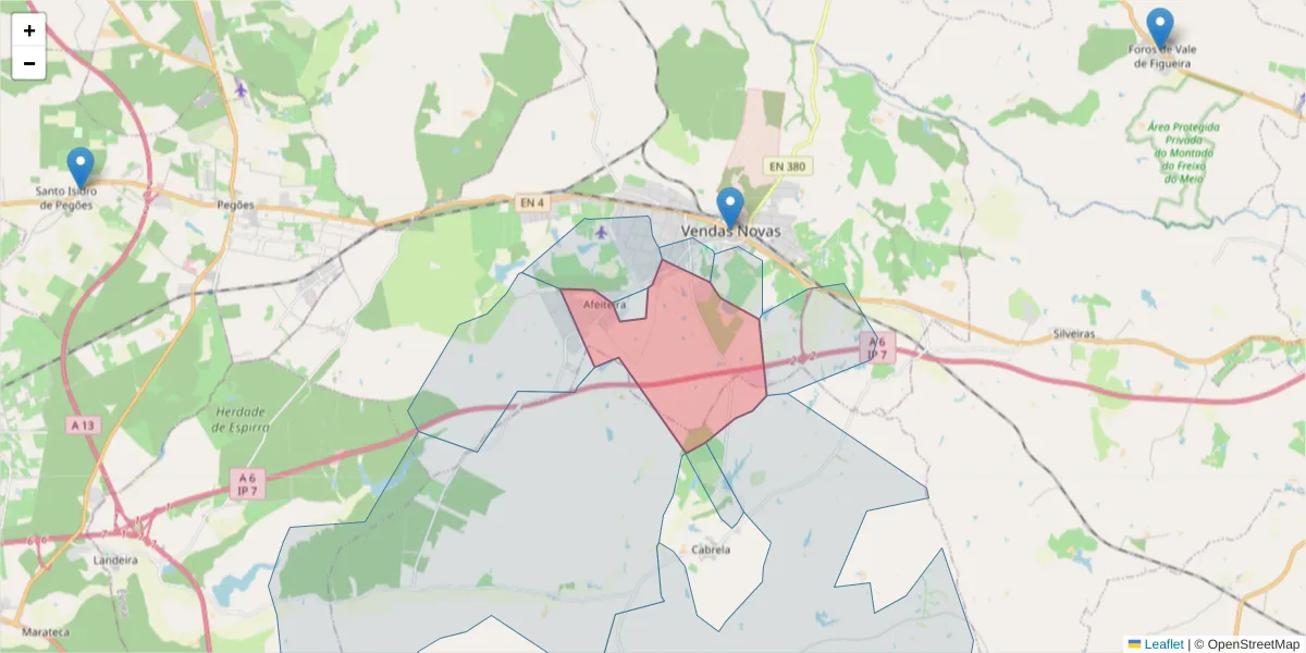 Mapa detalhado do código postal 7080-013 com limites, códigos postais vizinhos e agências dos correios