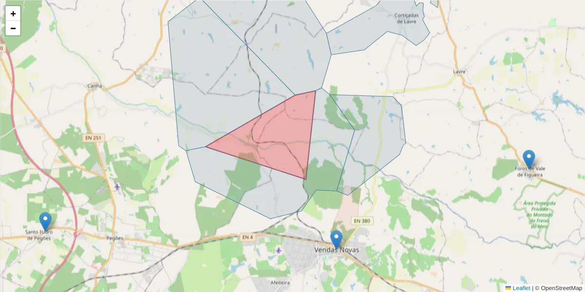 Mapa detalhado do código postal 7080-023 com limites, códigos postais vizinhos e agências dos correios