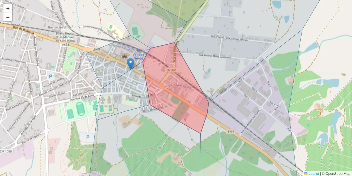 Mapa detalhado do código postal 7080-031 com limites, códigos postais vizinhos e agências dos correios