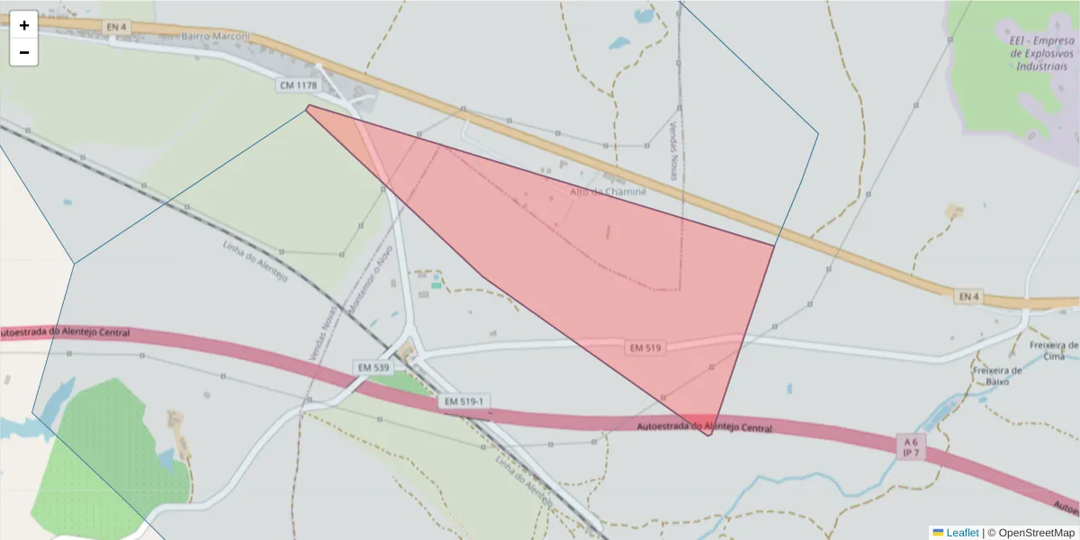 Mapa detalhado do código postal 7080-032 com limites, códigos postais vizinhos e agências dos correios