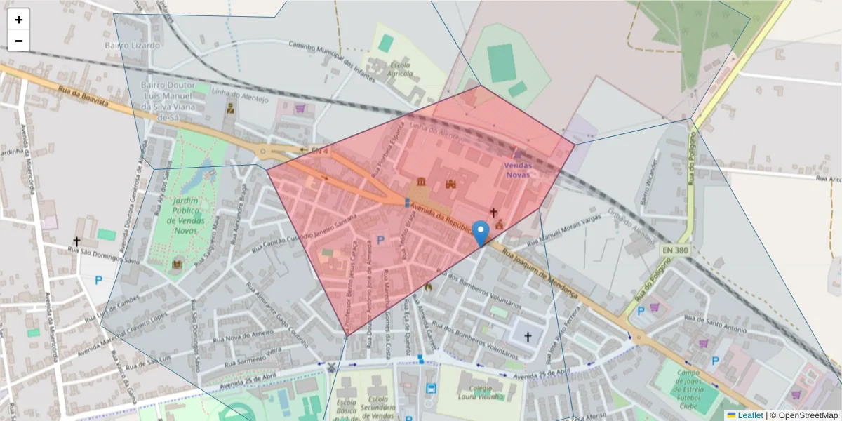 Mapa detalhado do código postal 7080-083 com limites, códigos postais vizinhos e agências dos correios