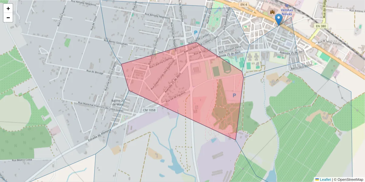 Mapa detalhado do código postal 7080-138 com limites, códigos postais vizinhos e agências dos correios