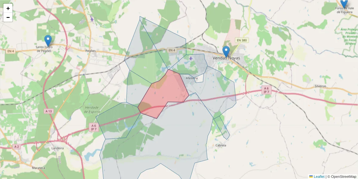 Mapa detalhado do código postal 7080-301 com limites, códigos postais vizinhos e agências dos correios