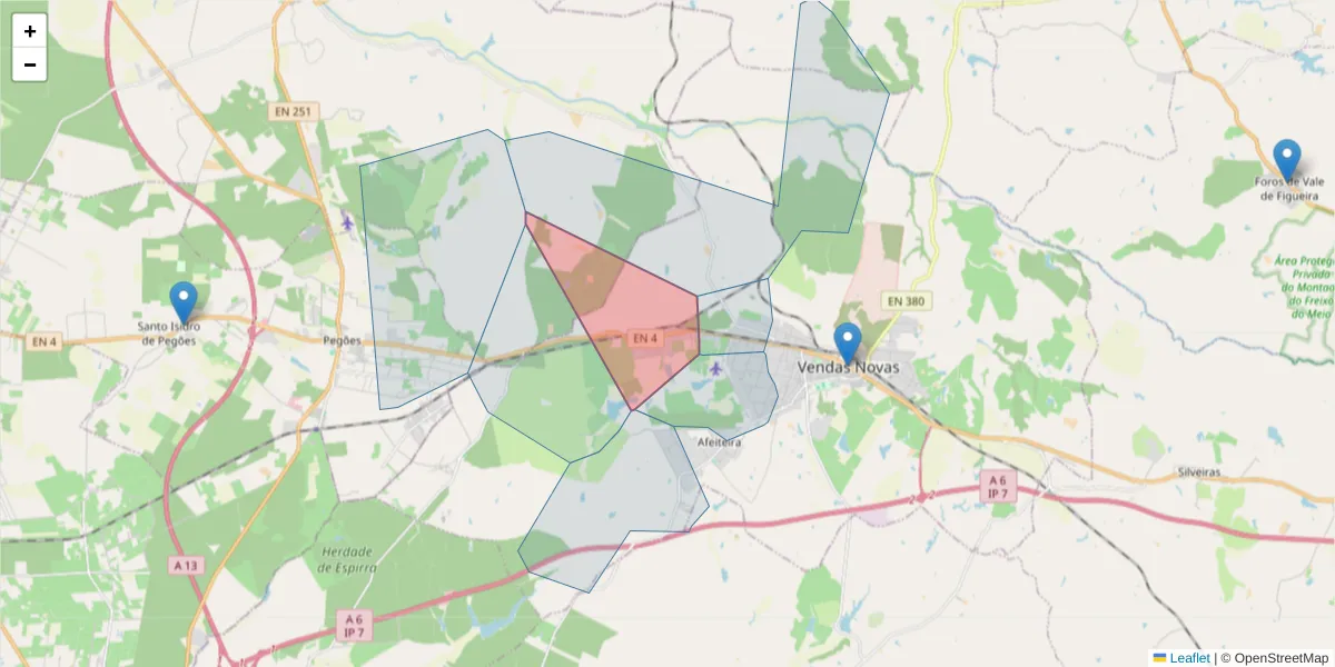 Mapa detalhado do código postal 7080-303 com limites, códigos postais vizinhos e agências dos correios